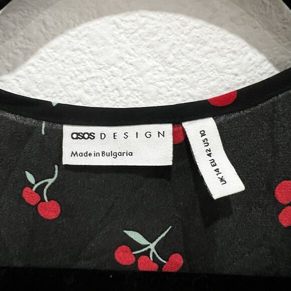 ASOS Wrap Thru Blouse Cherry Print US 10 Short Sleeve Pinup Girl Festival School - Picture 2 of 7